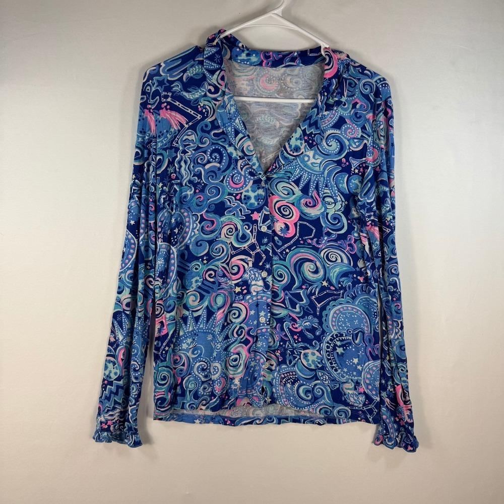 Lilly Pulitzer Pajama Top Small Blue Pink Celestial Moon Star Print Ruffle Cuff